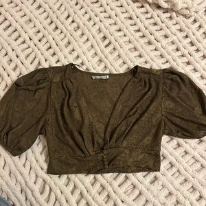 Zara Olive Green Shimmer Puff Sleeve Blouse